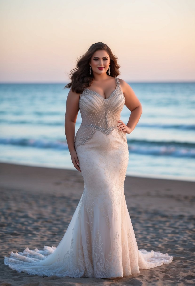 A plus-size mermaid gown with intricate lace and beading, set against a backdrop of a serene beach at sunset