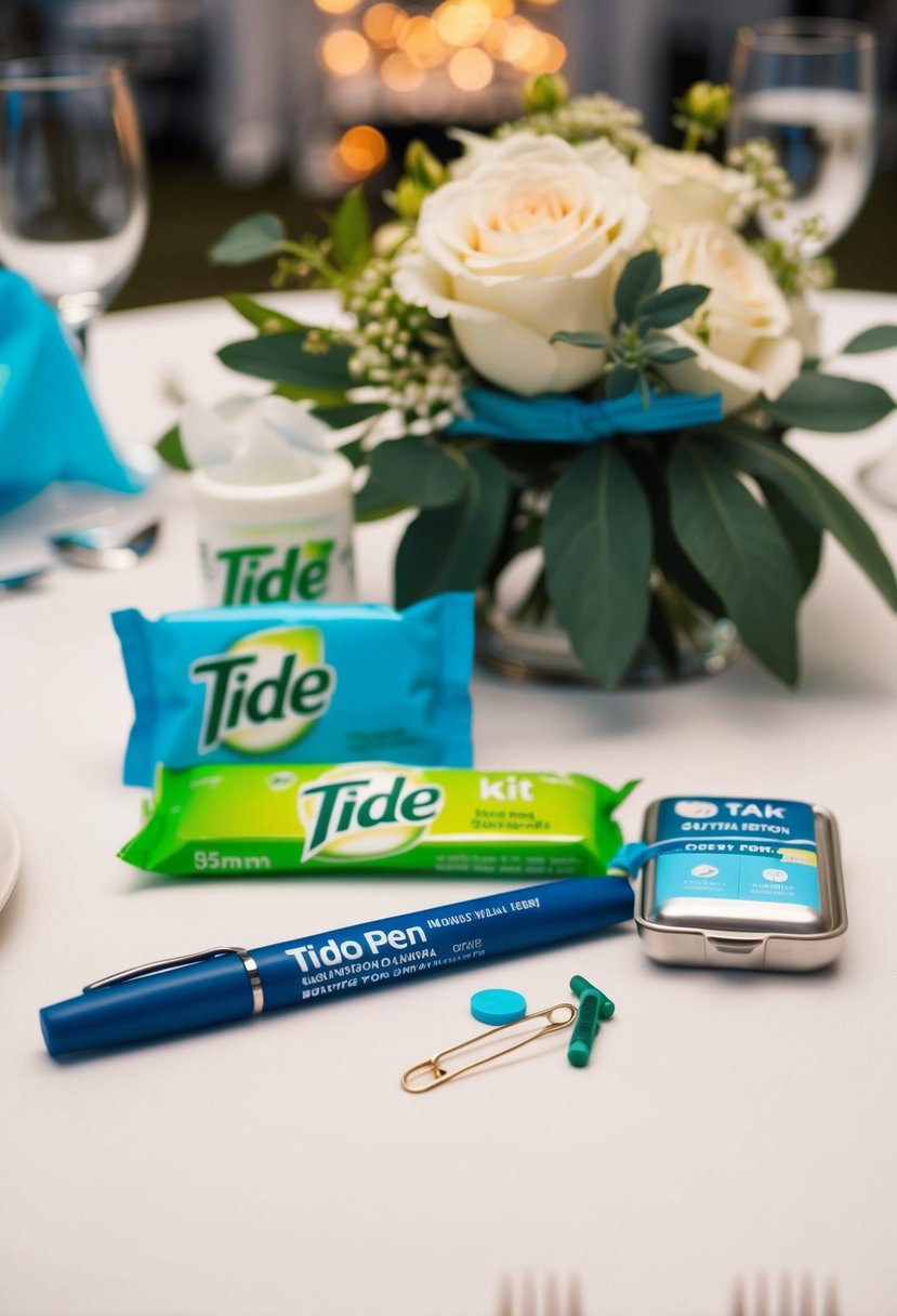 A wedding reception table with a tide pen, along with other survival kit items like tissues, mints, and safety pins