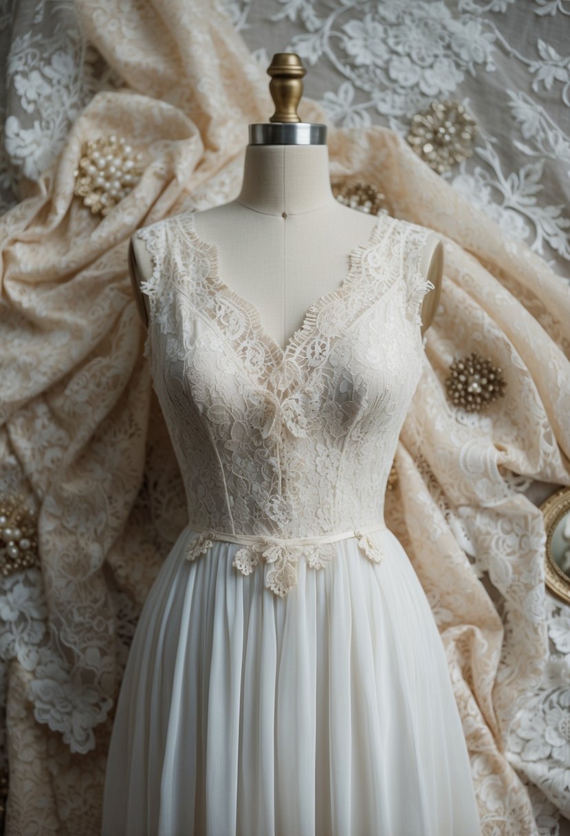 A vintage lace dress draped over a mannequin, surrounded by delicate lace fabric and antique lace trimmings