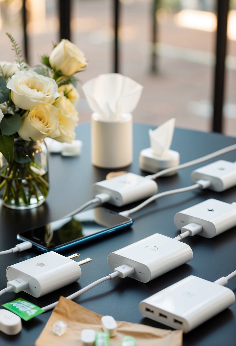 A table with various phone chargers and cables, surrounded by wedding survival items like tissues, mints, and bandaids