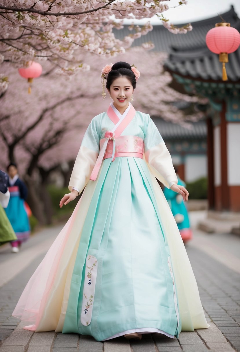 A bride in a pastel hanbok, surrounded by cherry blossoms and traditional Korean lanterns