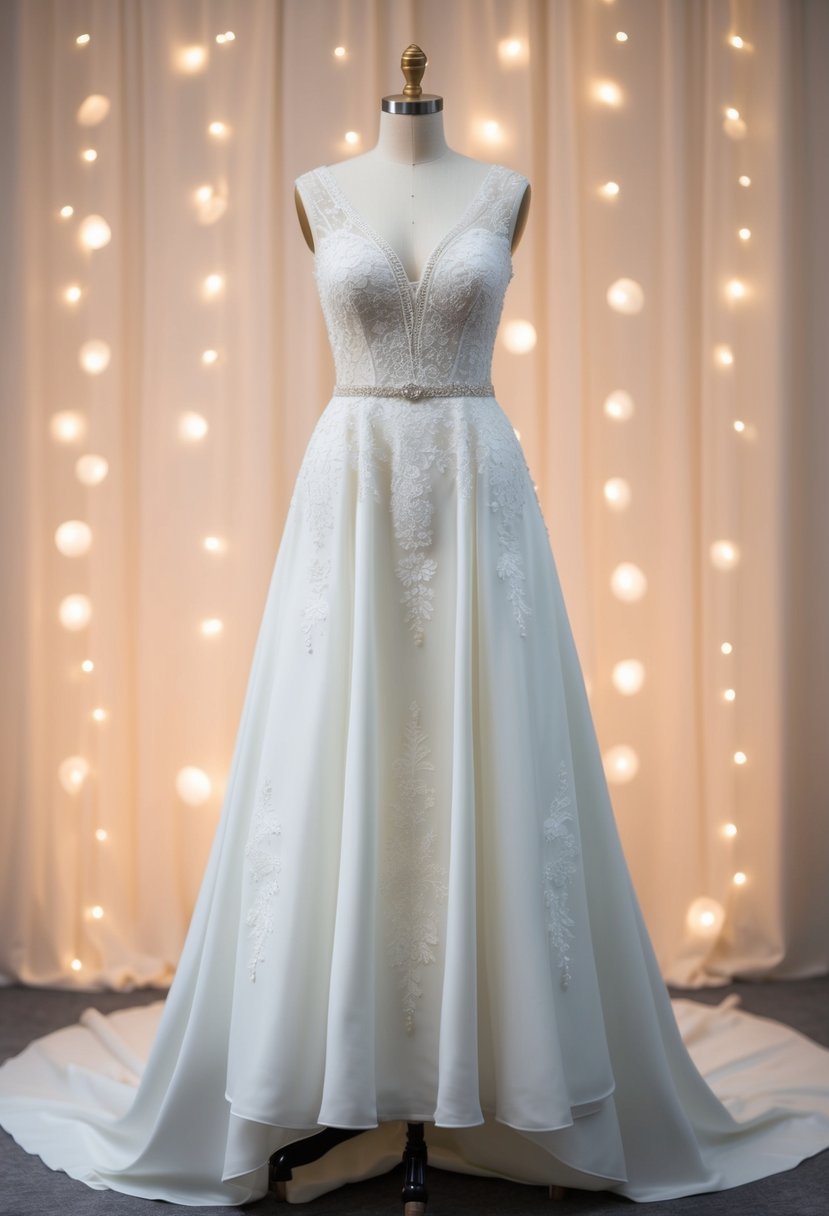 An elegant A-line bridal gown displayed on a mannequin, adorned with intricate lace and delicate beading, set against a backdrop of soft, romantic lighting