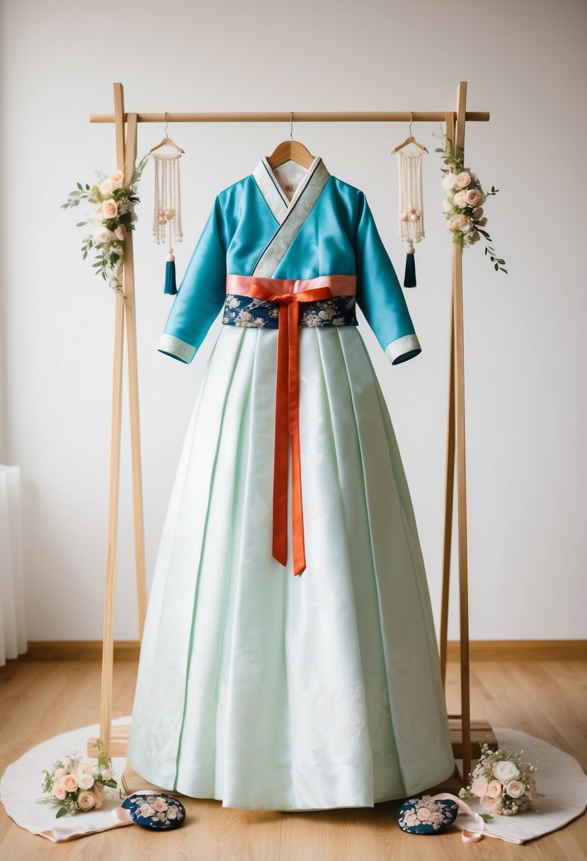 A charming Hanbok-inspired gown displayed on a simple wooden hanger, surrounded by delicate Korean wedding accessories