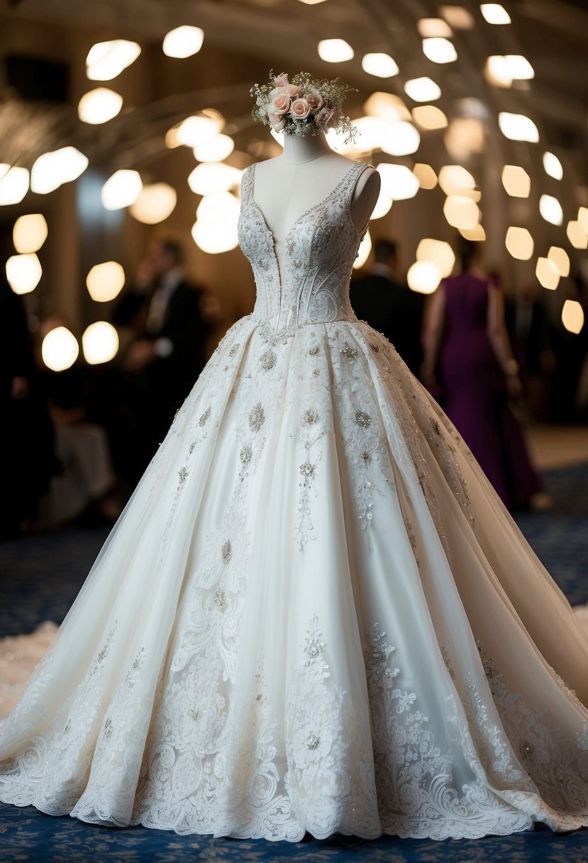 A grand ball gown with intricate lace details and a flowing train, adorned with shimmering embellishments and delicate floral accents