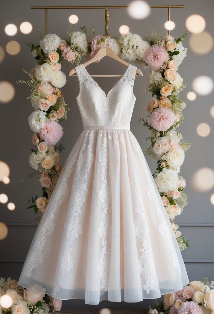 A delicate lace A-line dress on a hanger, surrounded by soft pastel flowers and elegant Korean-inspired decor