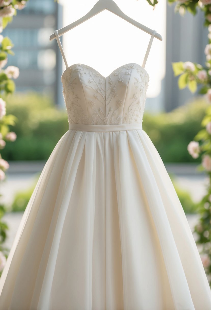 A simple, cute Korean wedding dress with a sweetheart neckline and delicate floral details