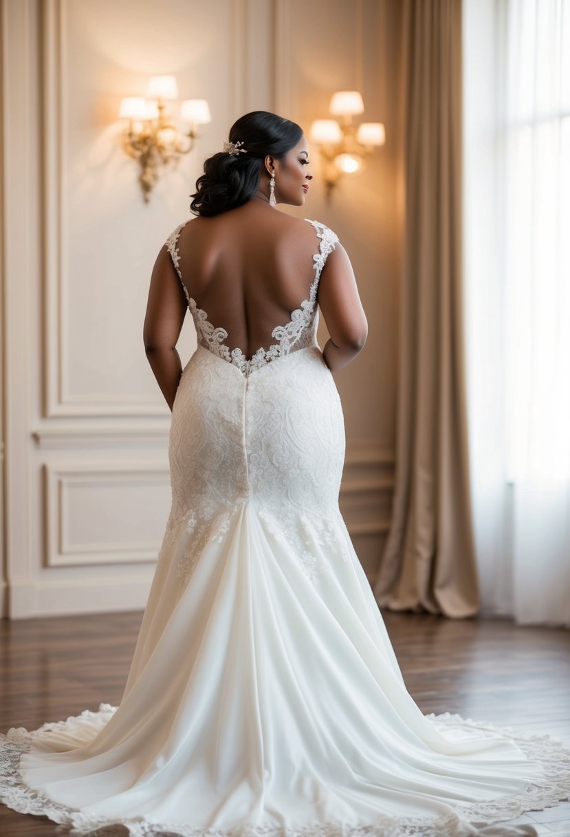 An elegant plus-size wedding dress with a backless design, adorned with intricate lace and flowing fabric