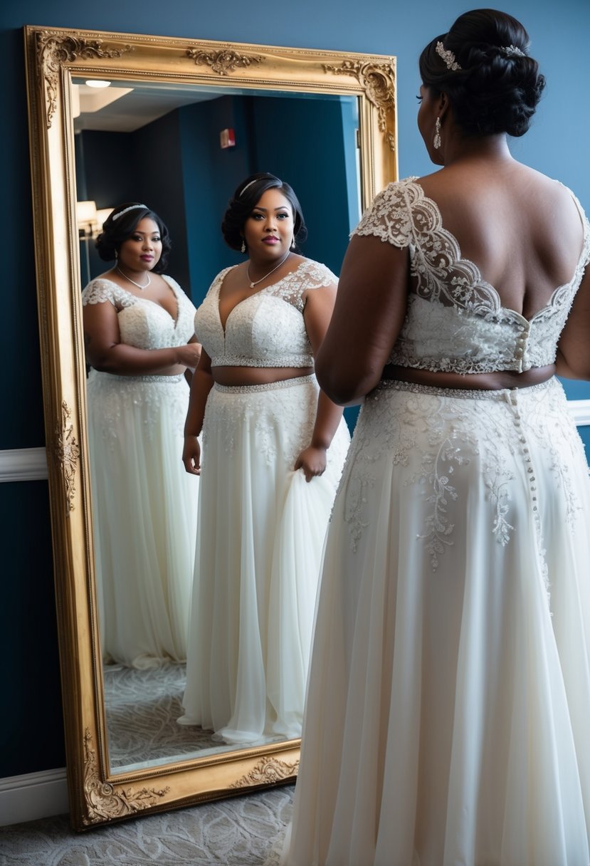 A plus size bride admires herself in a full-length mirror, wearing a flowing two-piece wedding dress with intricate lace and beading details