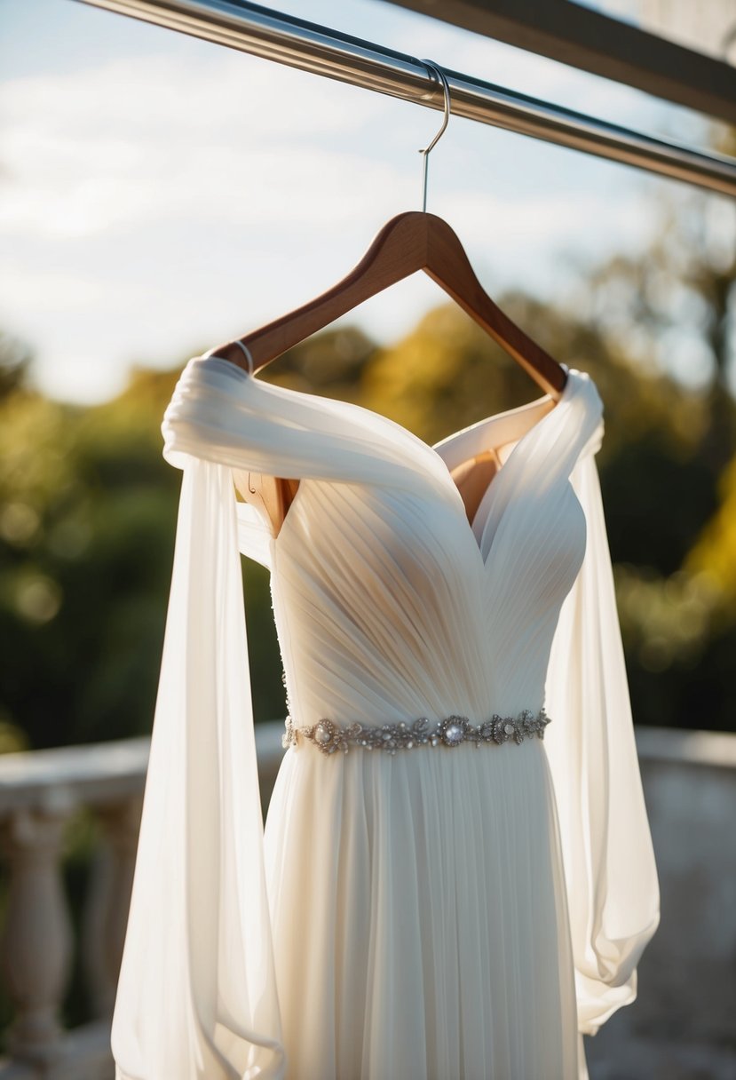 A flowing off-shoulder chiffon wedding dress on a hanger