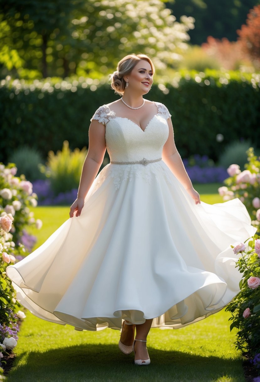 A curvy bride twirls in a tea-length charm wedding dress, surrounded by a garden of blooming flowers