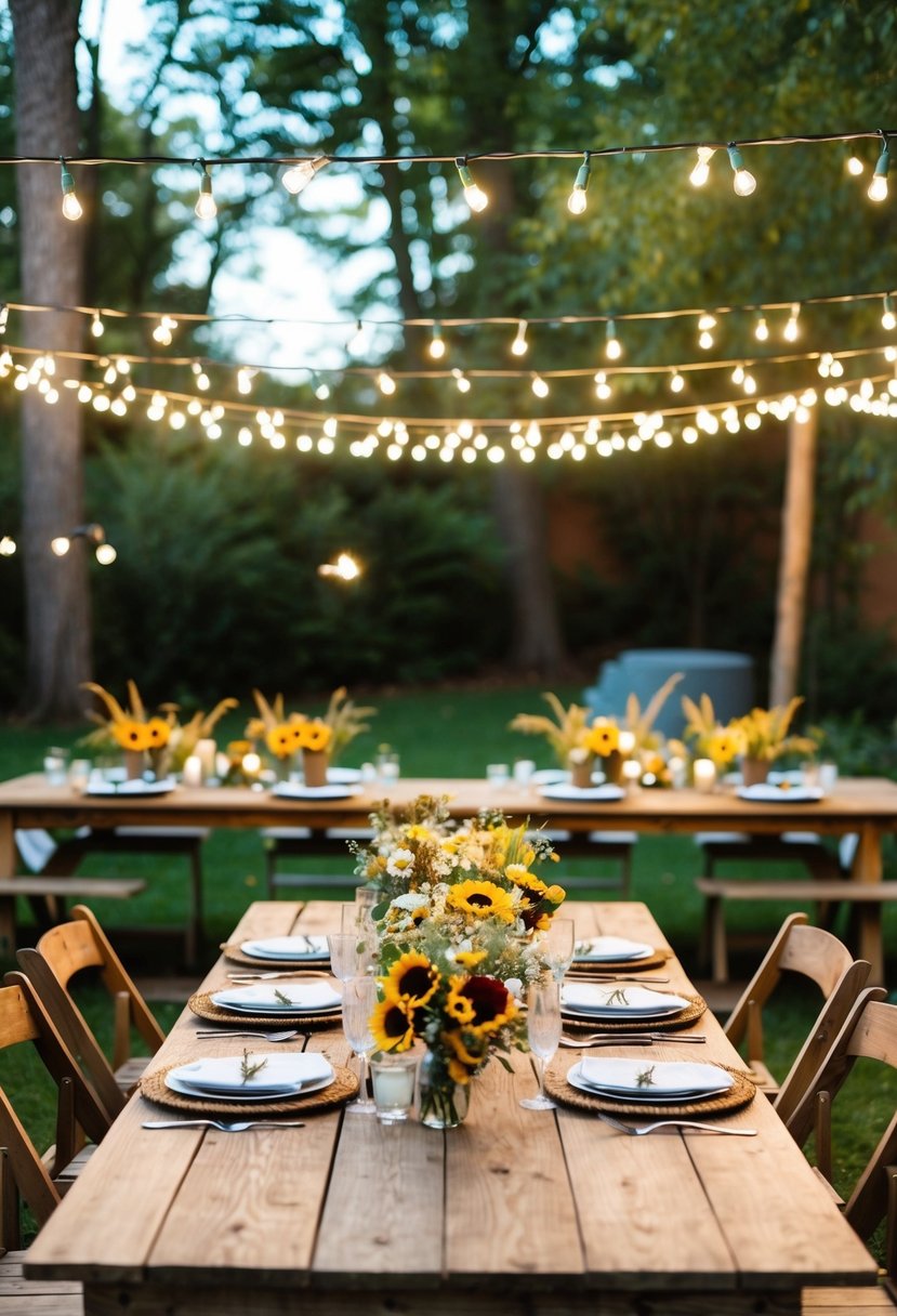 A cozy backyard set up with string lights, rustic wooden tables, and wildflower centerpieces for a budget-friendly wedding celebration