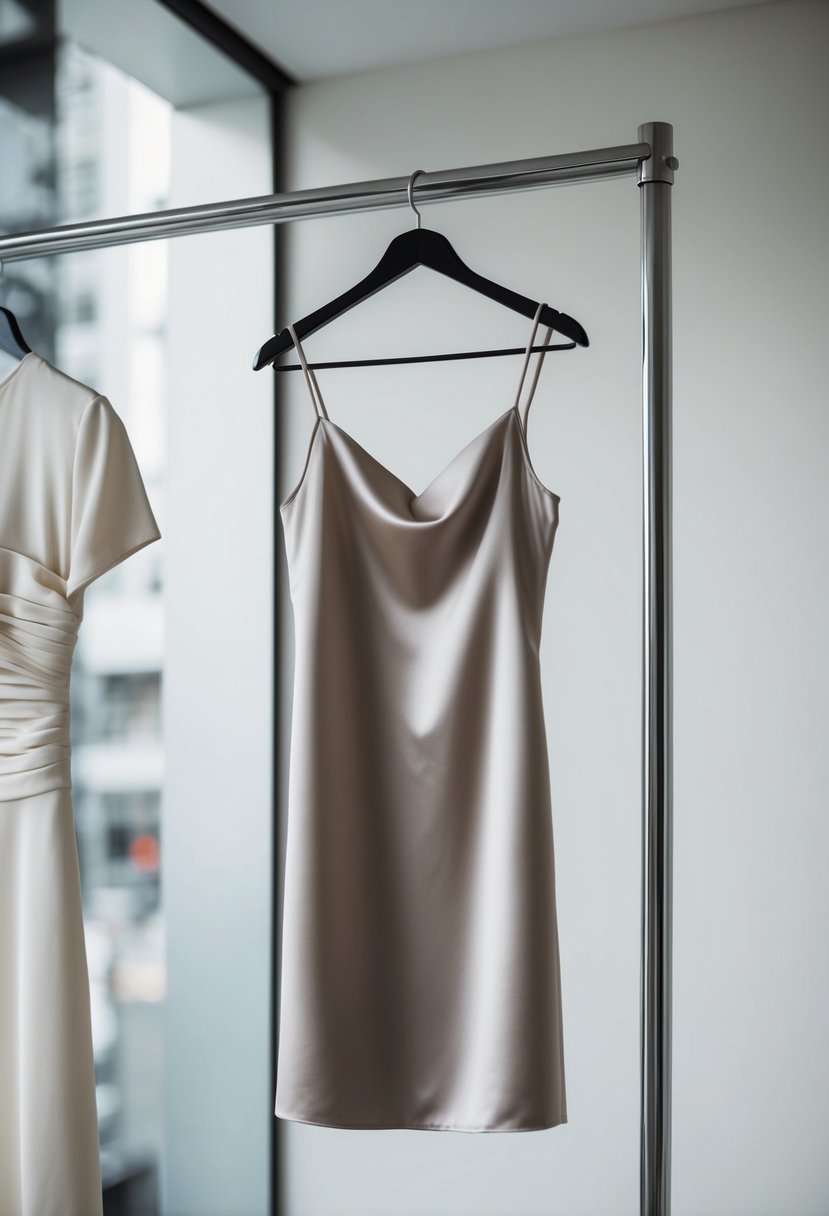 A minimalist satin slip dress hanging on a sleek modern clothing rack