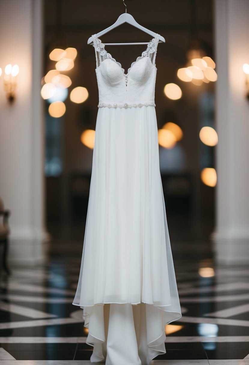 A flowing, elegant wedding dress hangs on a hanger, with delicate lace details and a flattering silhouette