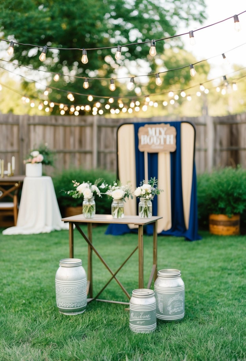 A backyard wedding with handmade decorations: string lights, mason jar centerpieces, and a DIY photo booth with a vintage backdrop