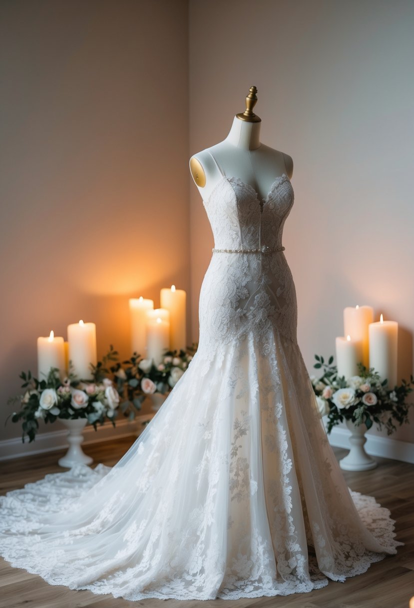 A curvaceous mannequin adorned in a flowing lace wedding gown, surrounded by soft candlelight and delicate floral arrangements