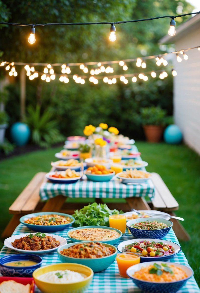 A colorful array of homemade dishes spread across picnic tables in a lush backyard setting, with twinkling string lights overhead