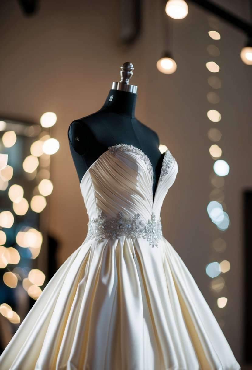 A curvy mannequin adorned in flowing silk wedding gowns