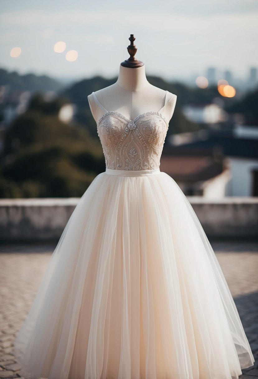 A flowy tulle skirt with an embroidered bodice in a simple, cute Korean wedding dress