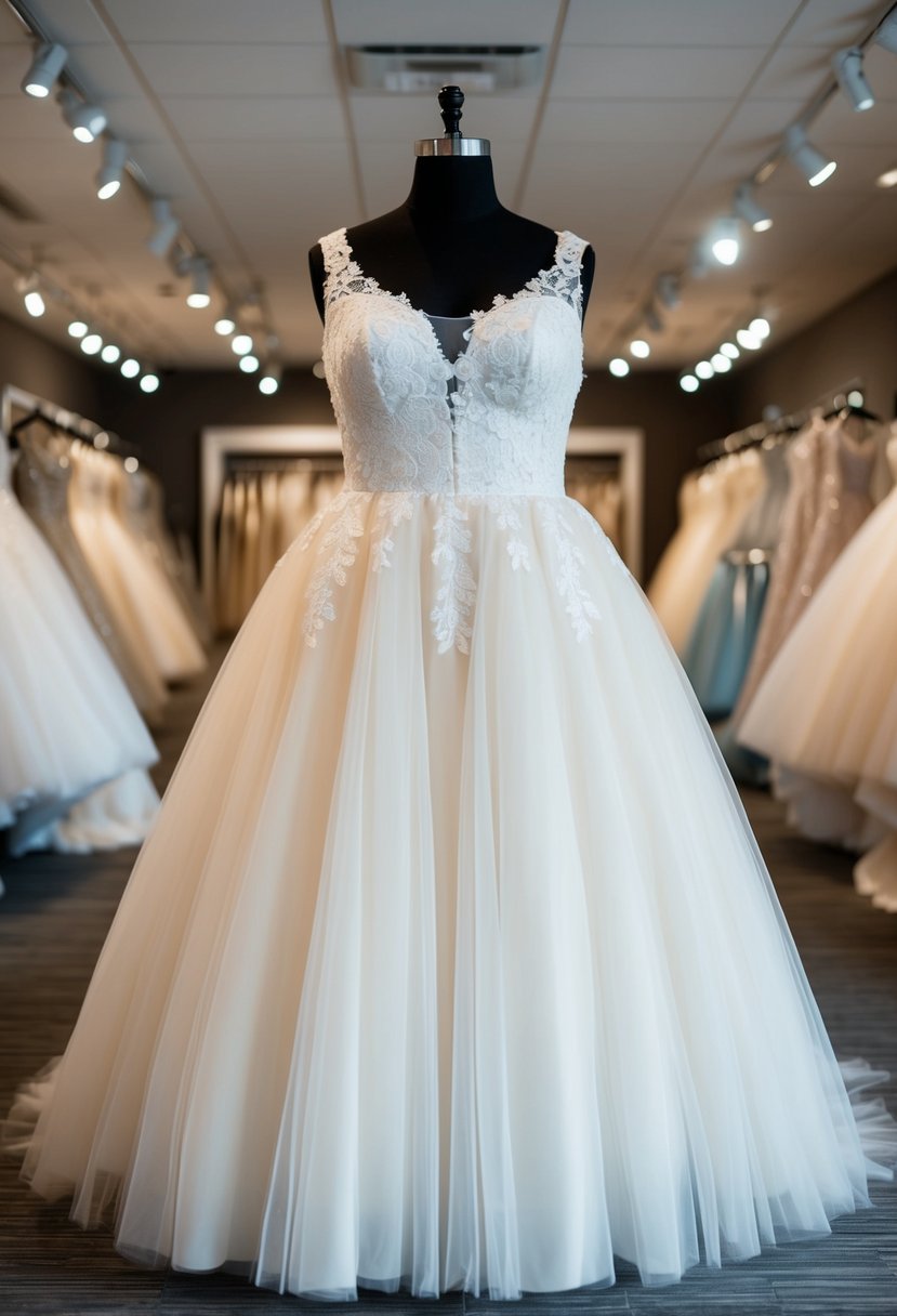 A plus size wedding dress with a classic tulle design, featuring a full skirt and delicate lace details, showcased on a mannequin in a bridal boutique