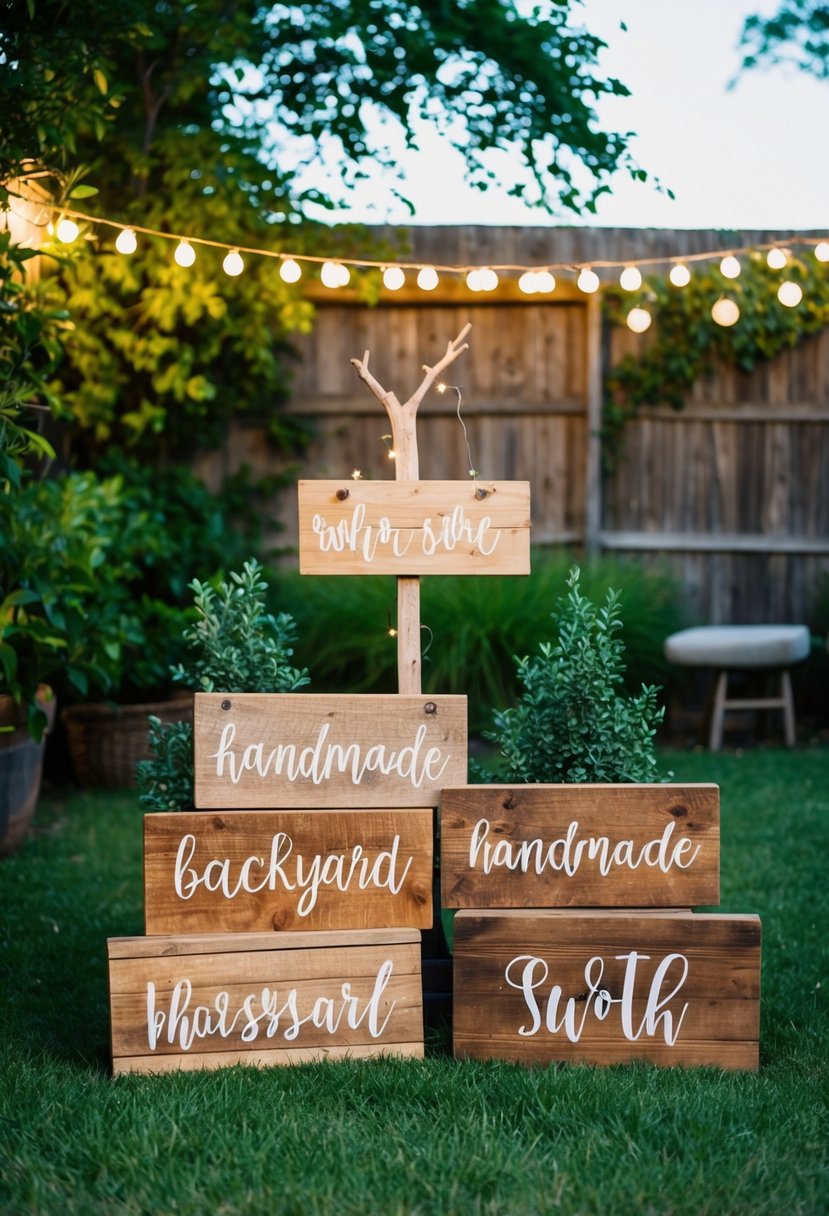 A rustic backyard setting with handmade wooden signs, surrounded by twinkling lights and lush greenery