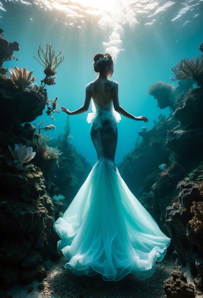 A mermaid silhouette in a flowing Korean wedding dress, surrounded by romantic underwater flora and fauna