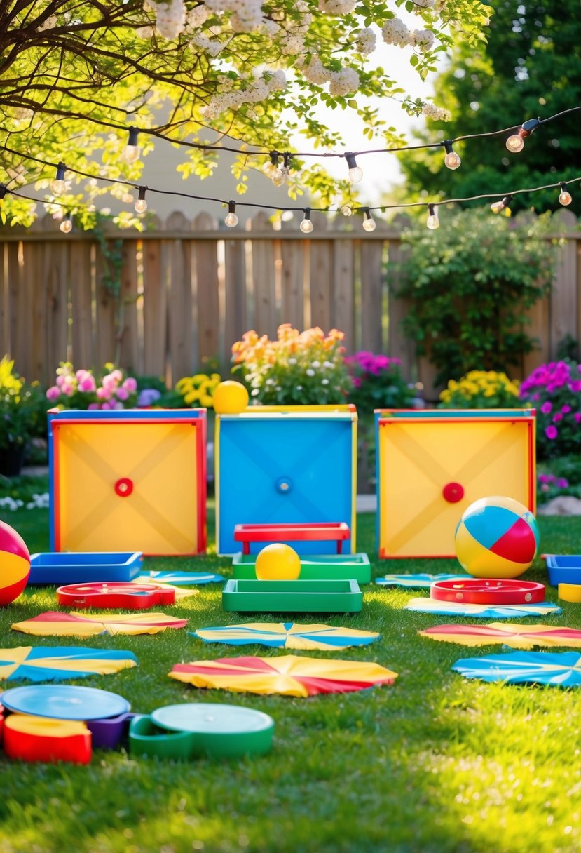 A colorful array of lawn games set up in a sun-dappled backyard, surrounded by blooming flowers and twinkling string lights