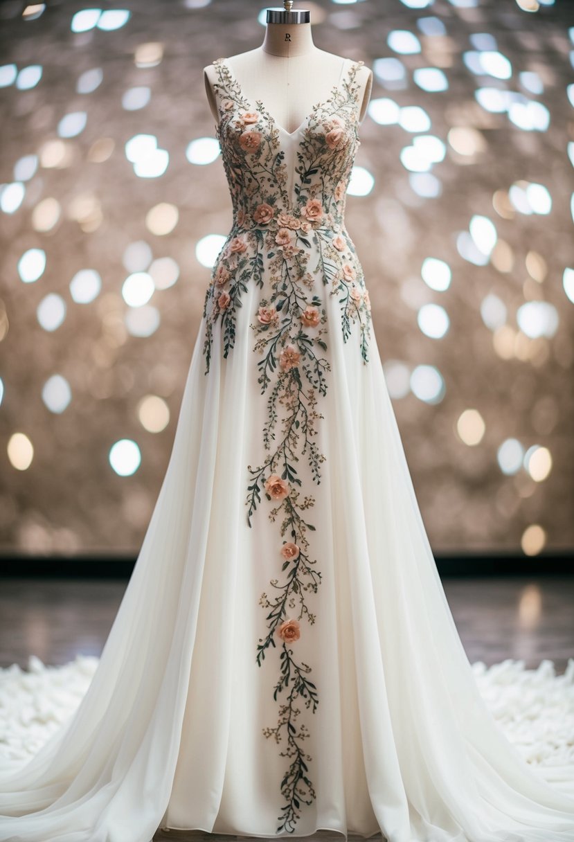 A flowing, floor-length wedding gown with intricate floral embroidery cascading down the bodice and trailing off onto the skirt