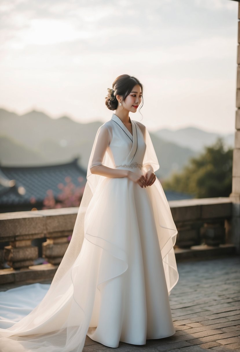 A soft, flowing organza overlay adorns a simple, elegant Korean wedding dress