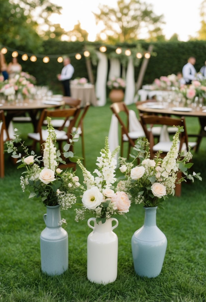 A backyard filled with budget-friendly floral arrangements in simple vases, creating a charming and rustic atmosphere for a wedding celebration