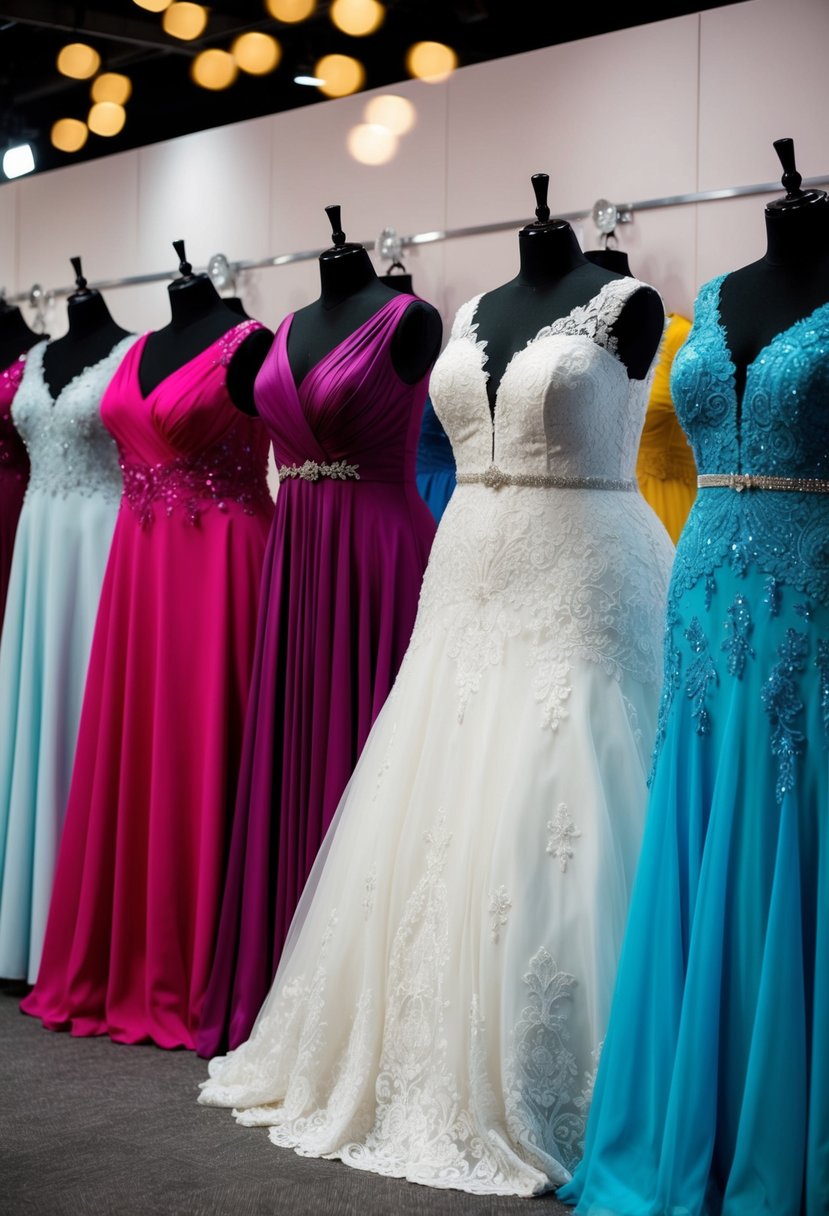 A vibrant display of plus-size wedding dresses in various colors and styles, with intricate lace, flowing fabrics, and delicate beading