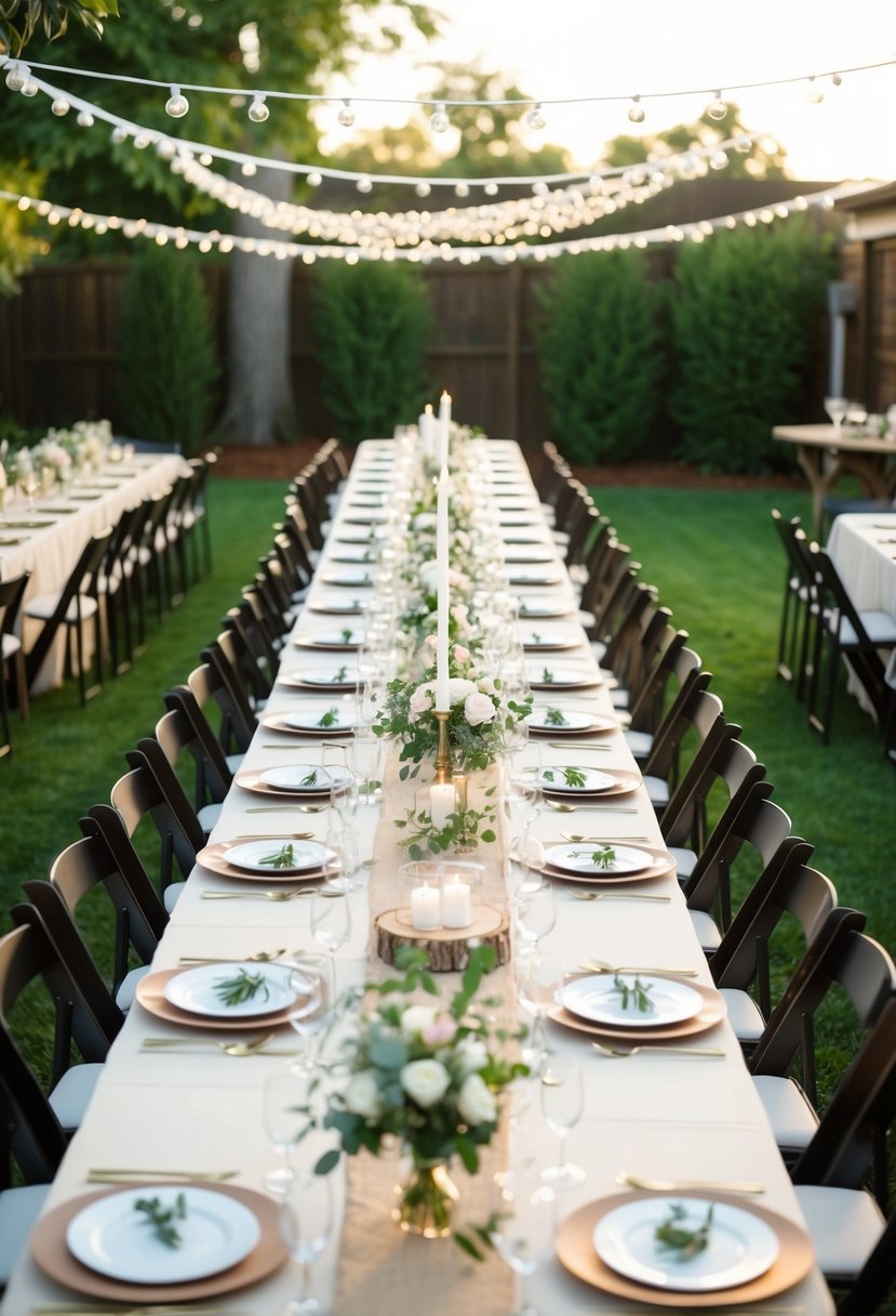 Long banquet-style tables arranged in a backyard, adorned with simple yet elegant decor for a budget-friendly wedding celebration