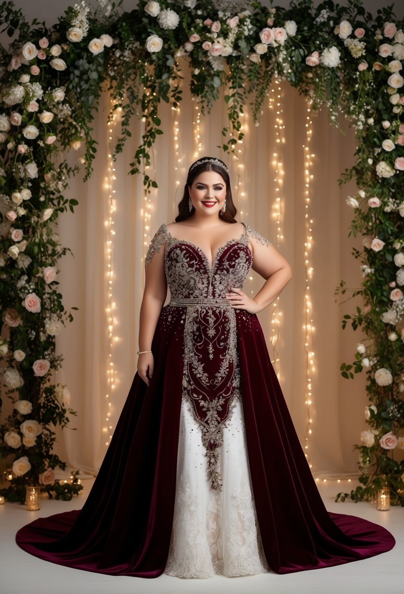 A stunning plus size wedding dress in rich velvet, adorned with intricate lace and sparkling embellishments, set against a romantic backdrop of cascading flowers and twinkling lights