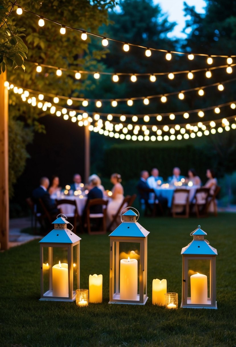 A cozy backyard wedding with twinkling string lights, lanterns, and candles creating a warm and romantic atmosphere