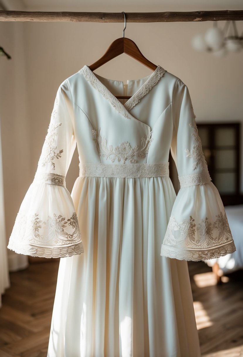 A vintage-inspired Korean wedding dress with bell sleeves, adorned with delicate lace and embroidery, hanging on a rustic wooden hanger in a sunlit room