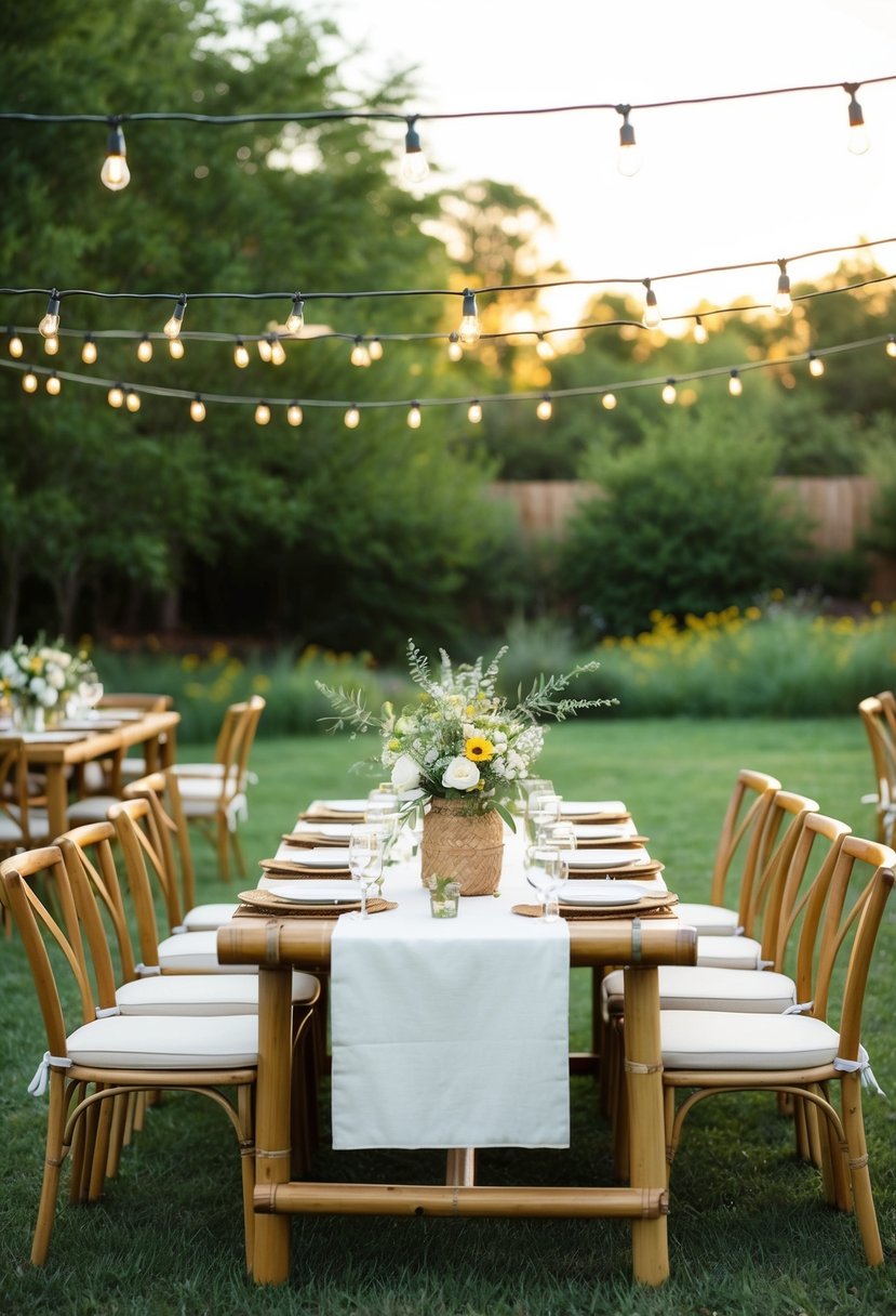 A backyard wedding with bamboo tableware, string lights, and wildflowers