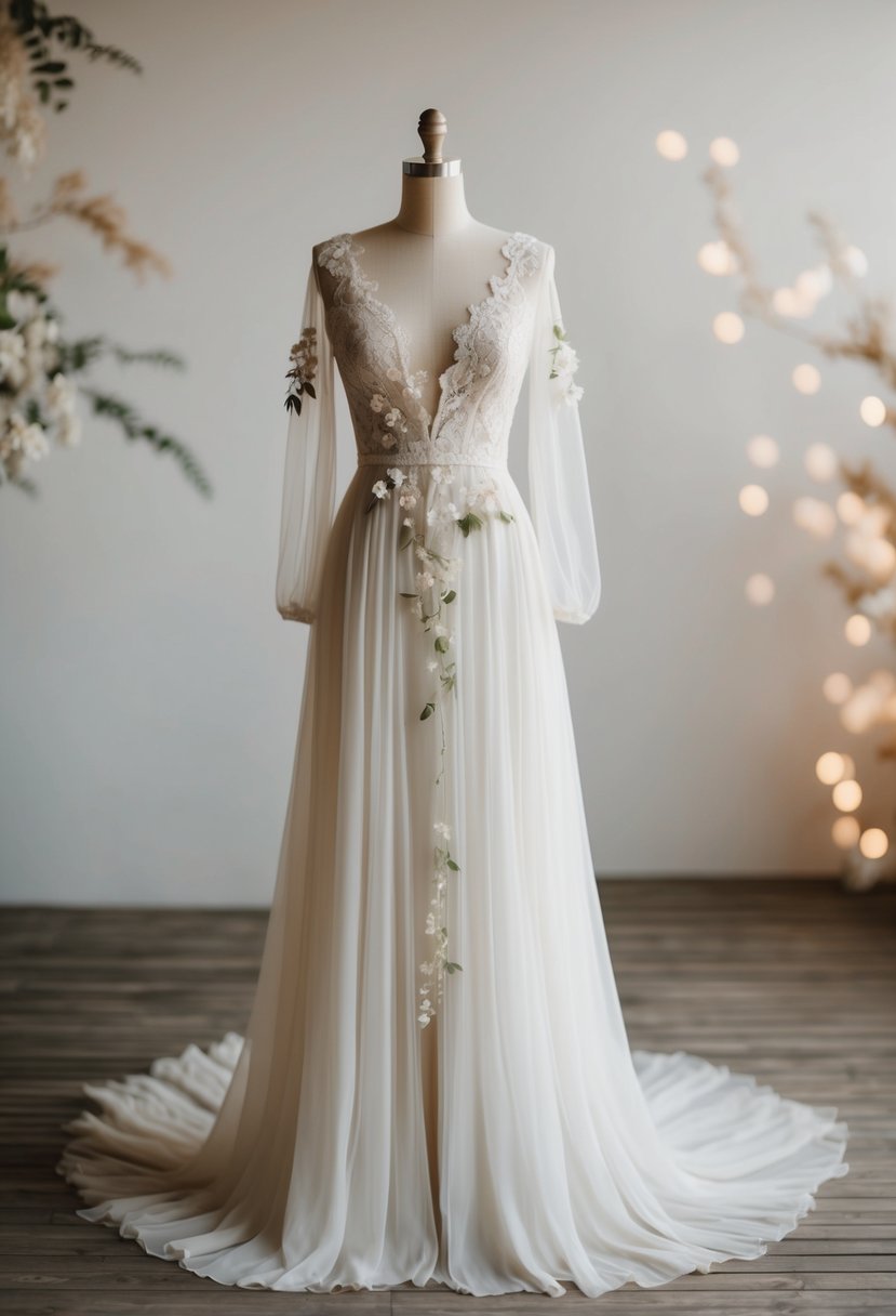 A flowing, bohemian-inspired wedding dress with delicate lace and floral details, set against a backdrop of soft, natural lighting