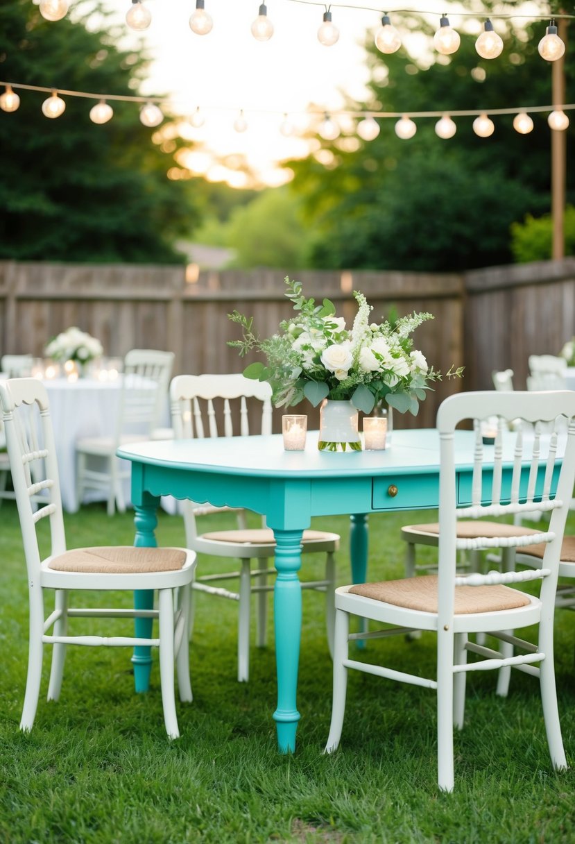 A backyard wedding with repurposed furniture pieces, creating a budget-friendly and charming outdoor setting