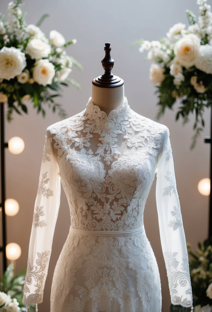 A high-neck lace Korean wedding dress on a mannequin, surrounded by elegant floral arrangements and soft lighting