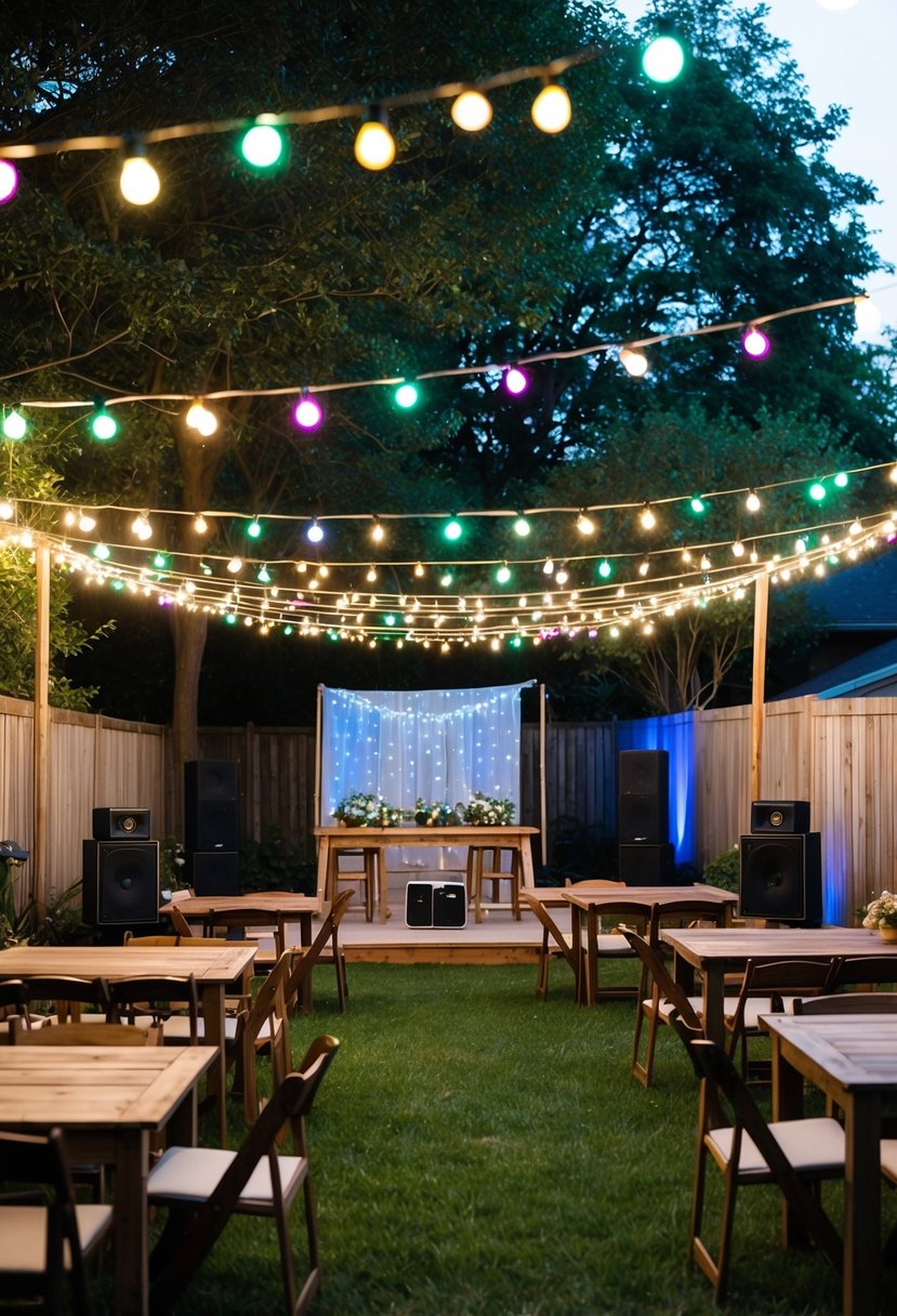 Colorful string lights illuminate a backyard filled with simple wooden tables and chairs. A small stage is set up with a friend’s speakers playing music for a budget-friendly wedding celebration