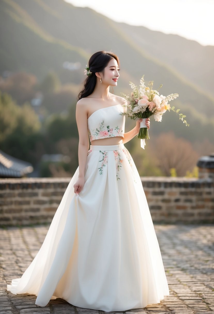 A convertible two-piece dress in a cute and simple Korean wedding style, with delicate floral details and a flowing skirt