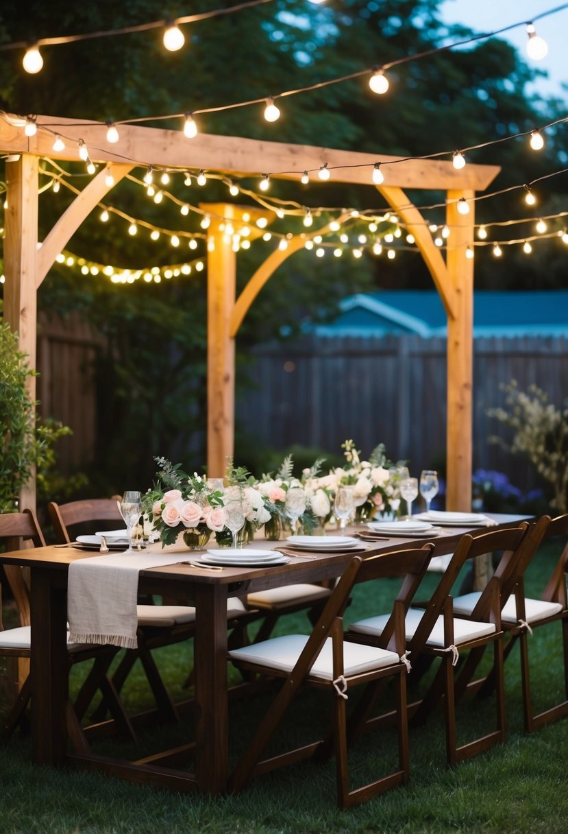 A cozy backyard with twinkling string lights, a rustic wooden arch, and a table set with floral centerpieces and elegant place settings