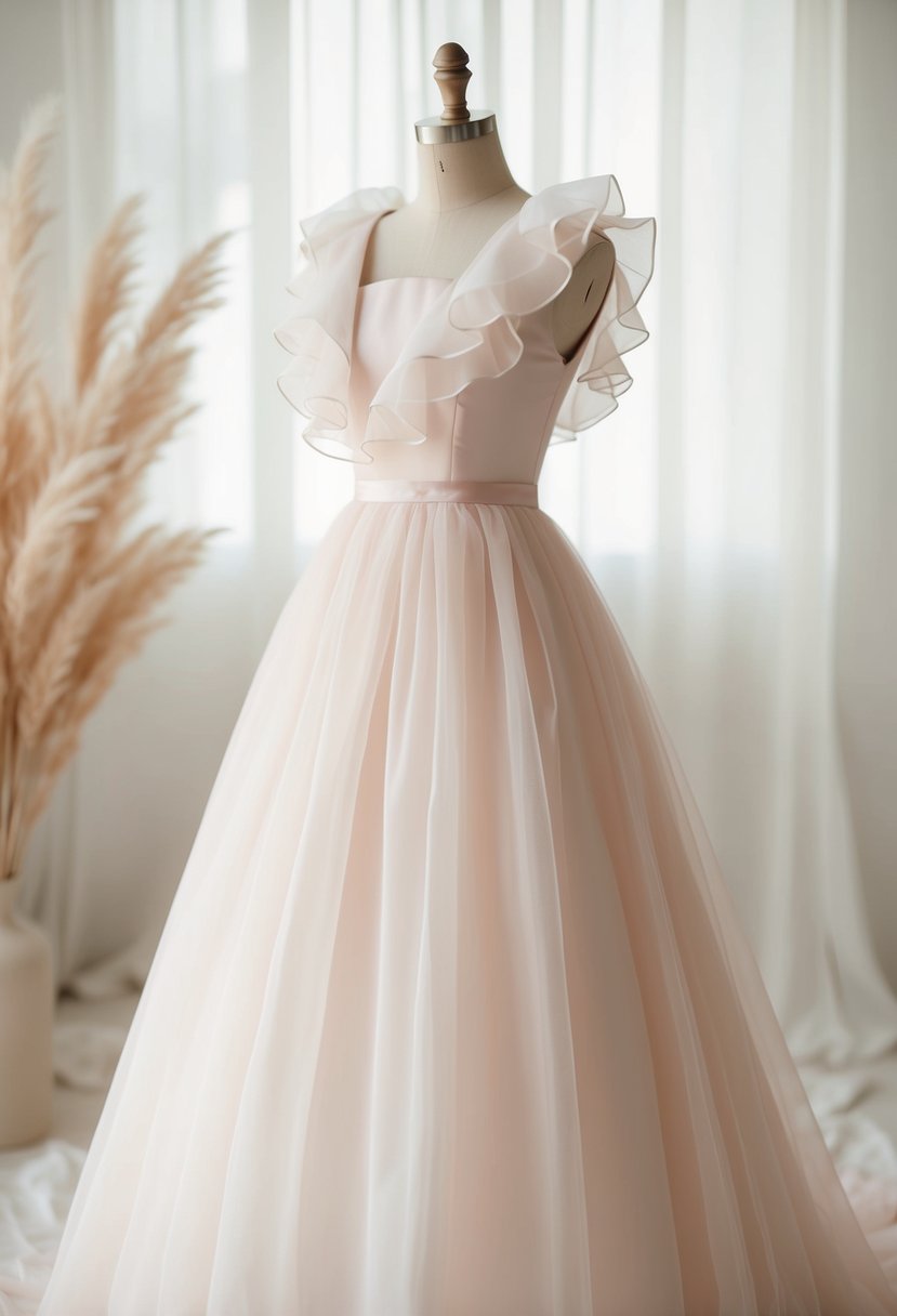 A delicate pastel Korean wedding dress with ruffled details and a simple silhouette, set against a soft, romantic backdrop