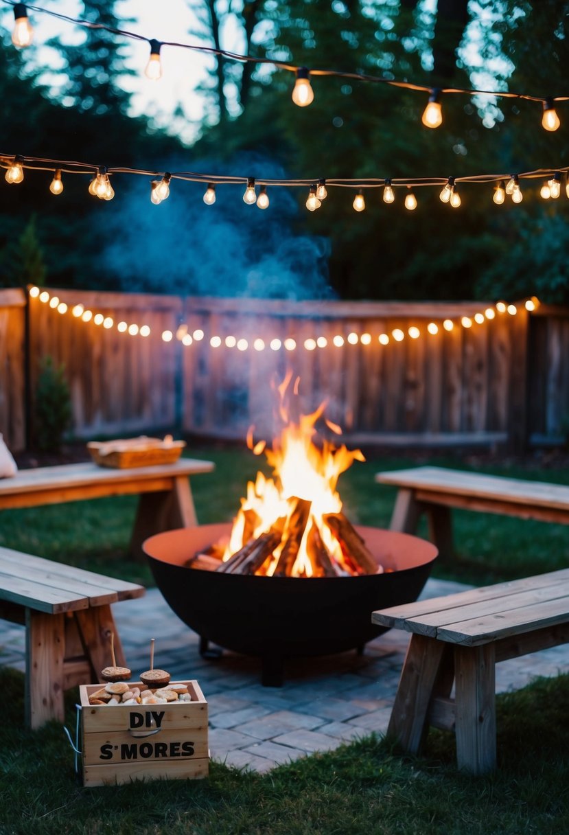 A cozy backyard bonfire with twinkling string lights, surrounded by rustic wooden benches and a simple DIY s’mores station