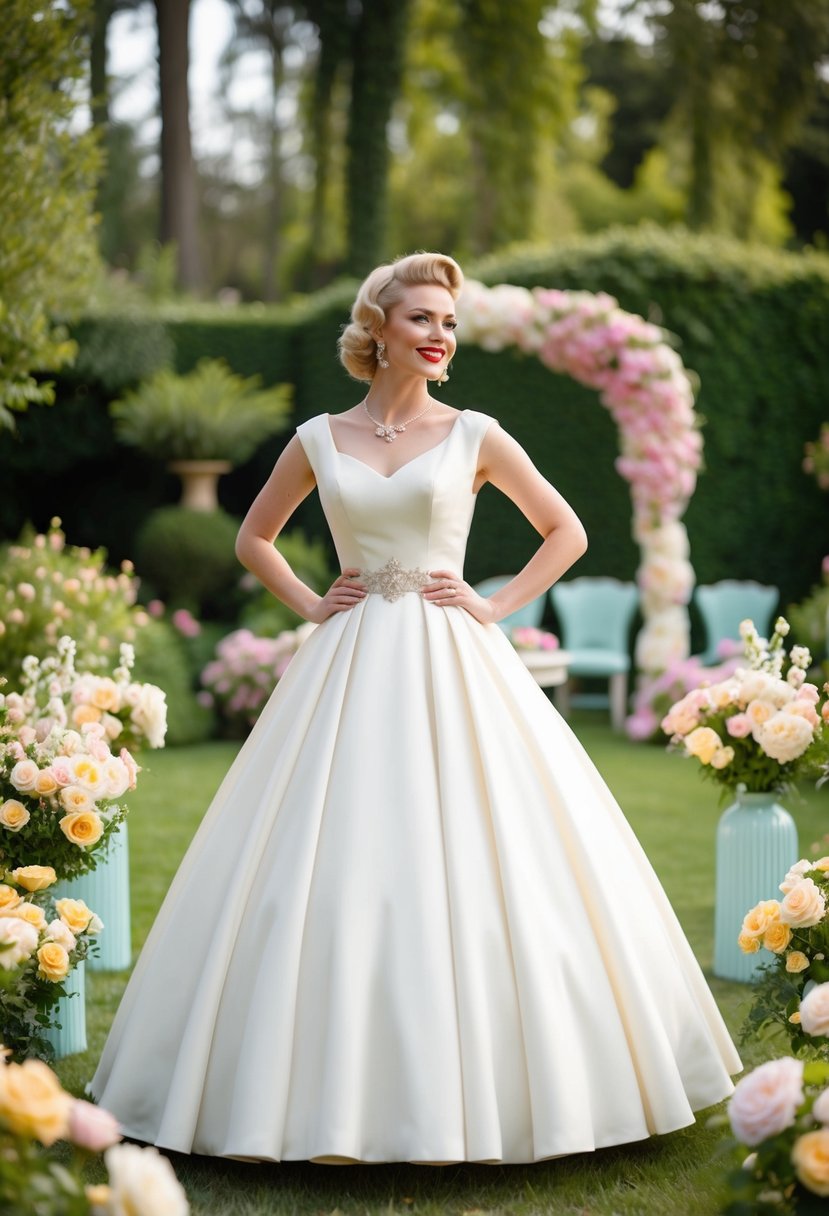 A bride in a 1950s style wedding dress stands in a retro-inspired garden, surrounded by pastel-colored flowers and vintage decor