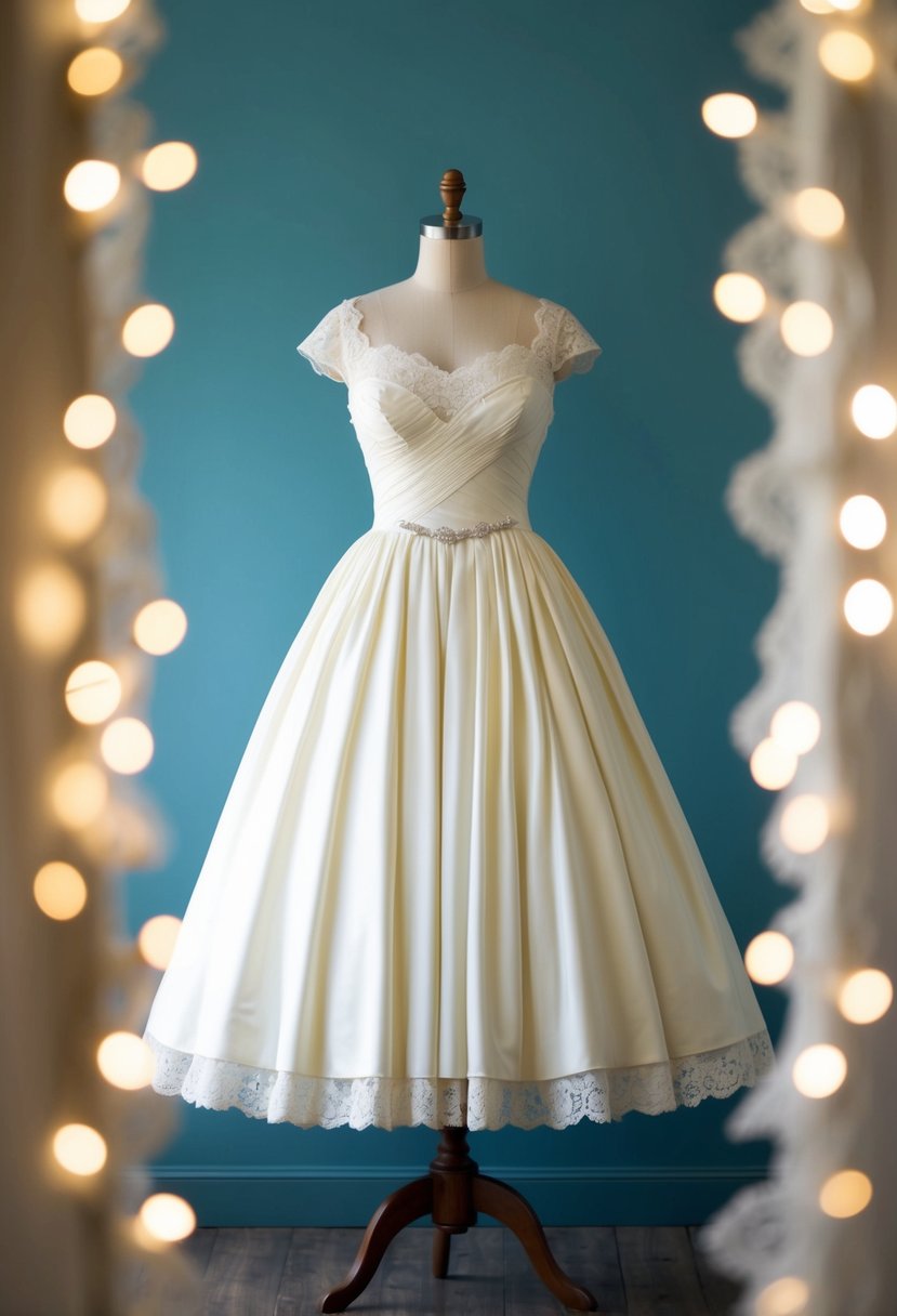 An elegant 1950s-style wedding dress displayed on a vintage dress form, surrounded by soft lighting and delicate lace accents