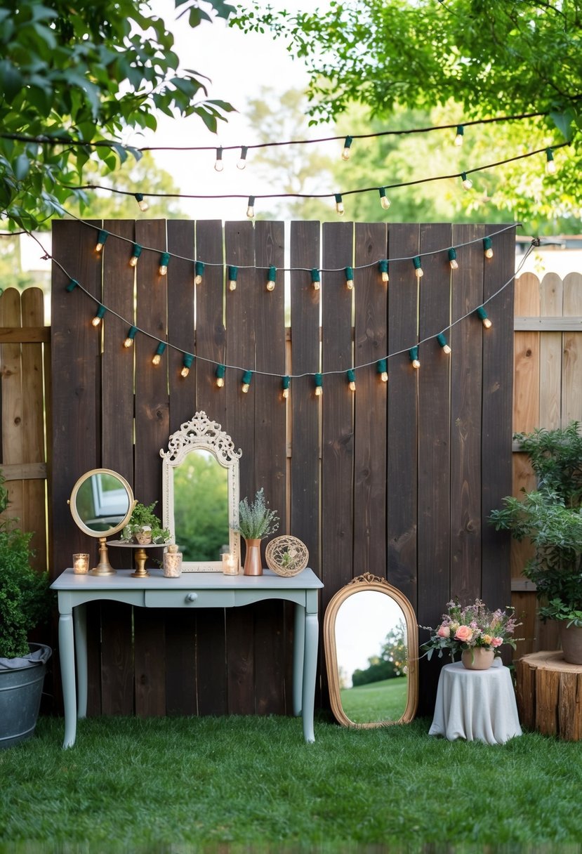 A rustic wooden backdrop with string lights, a vintage mirror, and a table of props in a backyard garden