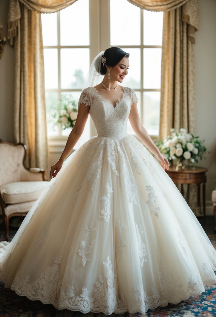 A bride twirls in a 1950s lace ballgown, surrounded by vintage charm and elegance