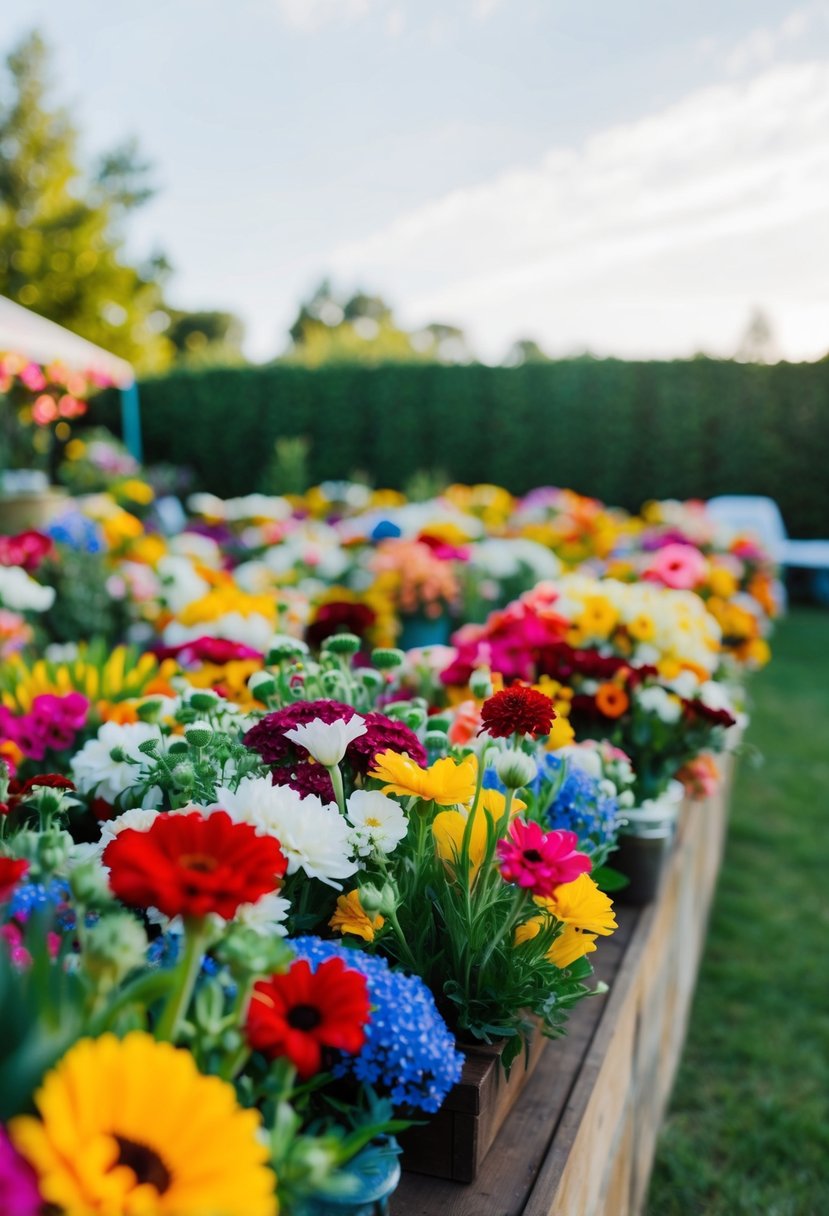 A backyard filled with colorful wholesale flowers for a budget-friendly wedding