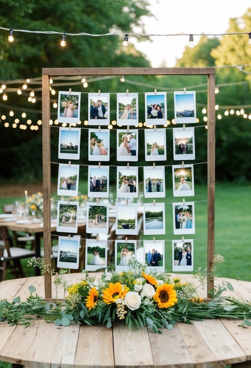 A backyard wedding with a Polaroid photo display, featuring string lights, rustic wooden tables, and wildflower centerpieces