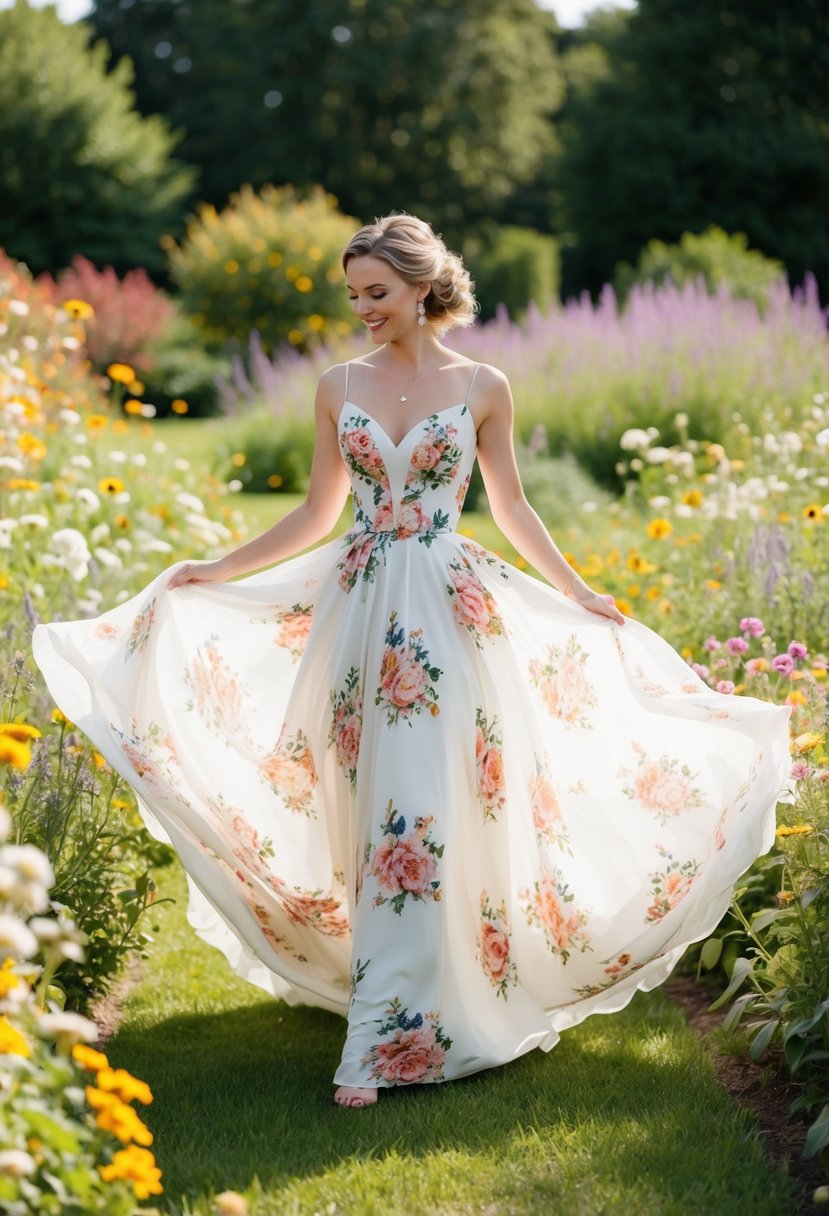 A bride twirls in a garden wearing a flowing floral gown with a 1950s silhouette, surrounded by wildflowers and a whimsical bohemian atmosphere